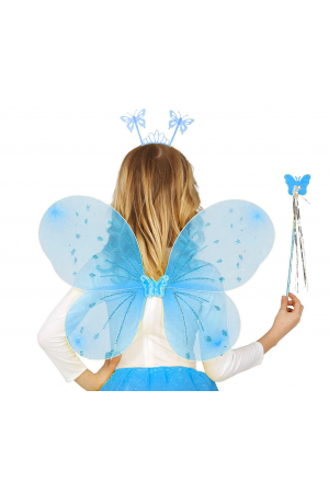 Mavi Kelebek Erkek-kız Seti – 50 Cm Kelebek Kanadı, Taç Ve Asa…