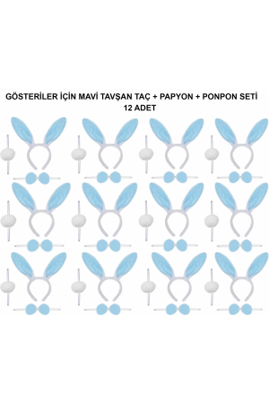 Mavi Tavşan Kostüm Seti – Taç, Papyon, Ponpon (12’li Paket)&hellip;