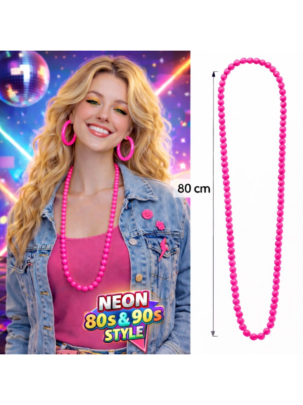 Neon Pembe Boncuk Kolye 80 Cm – Retro 80’ler 90’lar Parti Aksesuarı&hellip;