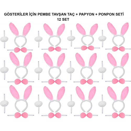Pembe Tavşan Kostüm Seti – Taç, Papyon, Ponpon (12’li Paket)