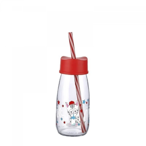 Pipetli Su Ve Süt Şişesi Cam 250 Ml - Kırmızı Pipetli Su Ve Süt Şişesi Cam 250 Ml - Kırmızı