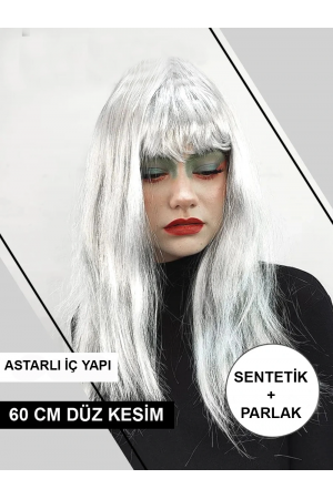 Platin Gri Gümüş Renk Uzun Parti Peruğu Uzun Takma Peruk&hellip;