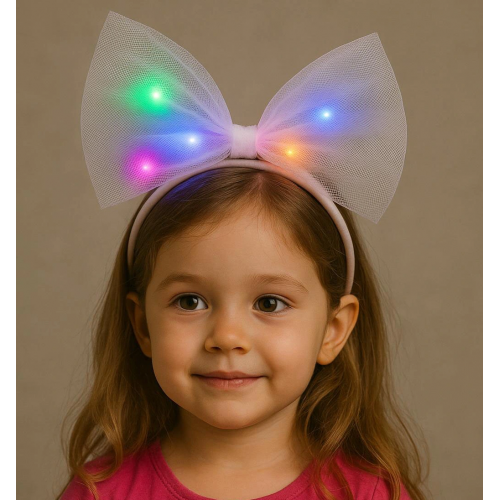 Rengarenk Led Işıklı Fiyonk Şekilli Tül Parti Tacı Beyaz Renk 25x25 Cm