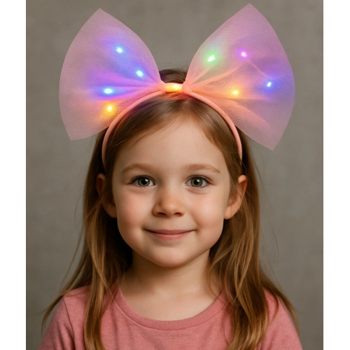 Rengarenk Led Işıklı Fiyonk Şekilli Tül Parti Tacı Pembe Renk 25x25 Cm