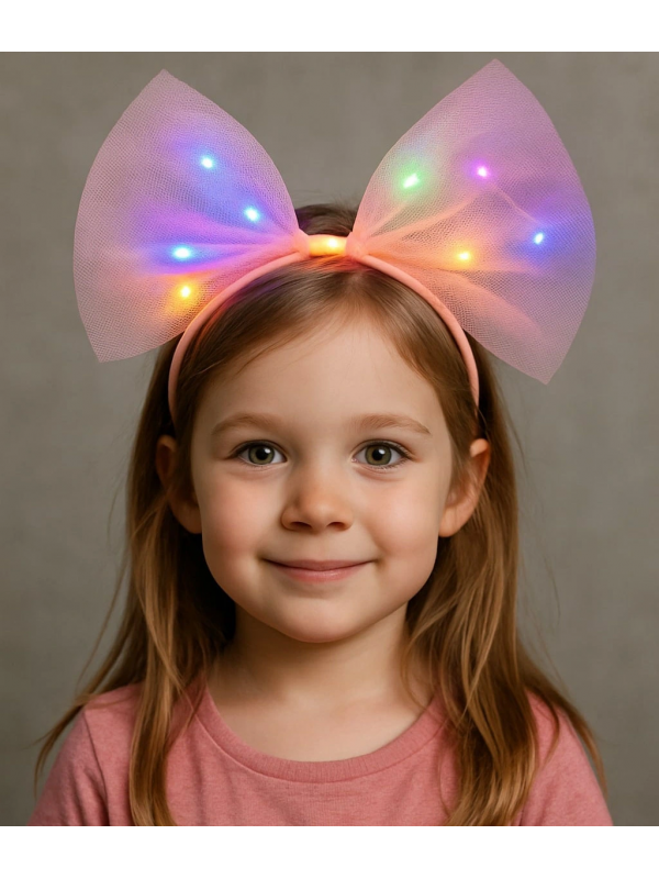 Rengarenk Led Işıklı Fiyonk Şekilli Tül Parti Tacı Pembe Renk 25x25 &hellip;