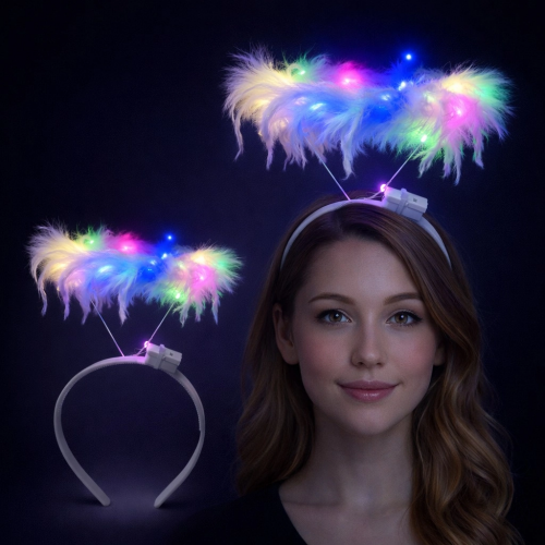 Renkli Led Işıklı Beyaz Tüylü Püsküllü Parti Tacı Renkli Led Işıklı Beyaz Tüylü Püsküllü Parti Tacı