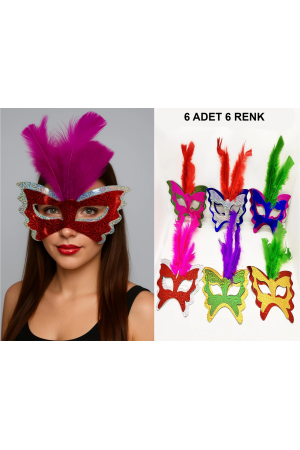 Renkli Parti Maskesi 6'lı | Tüylü Karton Maske Seti (lastikli)&hellip;