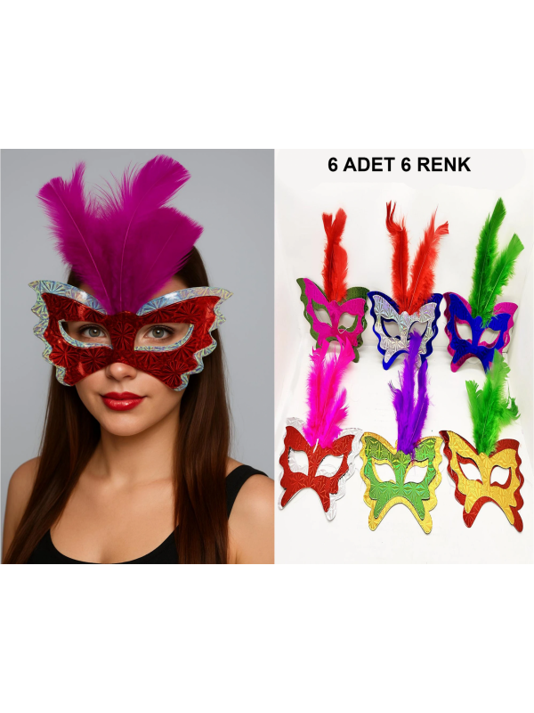 Renkli Parti Maskesi 6'lı | Tüylü Karton Maske Seti (lastikli)&hellip;