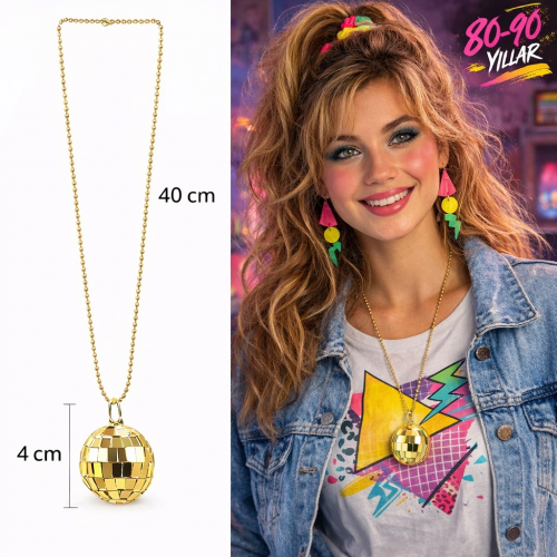 Retro Disko Topu Şekilli 80'ler 90'lar Altın Renk Plastik Kolye Retro Disko Topu Şekilli 80'ler 90'lar Altın Renk Plastik Kolye