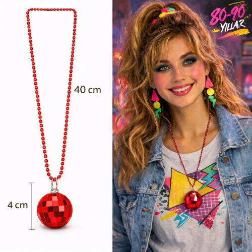 Retro Disko Topu Şekilli 80'ler 90'lar Kırmızı Renk Plastik Kolye Retro Disko Topu Şekilli 80'ler 90'lar Kırmızı Renk Plastik Kolye