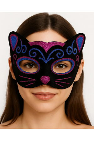 Siyah Kadife Kaplama Üzeri Pembe Mavi Sim İşlemeli Kedi Maskesi 20x13 C&hellip;