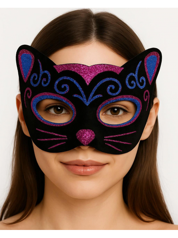 Siyah Kadife Kaplama Üzeri Pembe Mavi Sim İşlemeli Kedi Maskesi 20x13 C&hellip;
