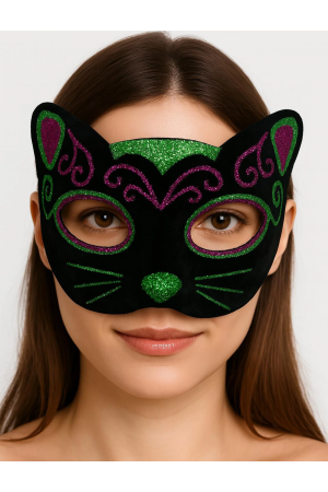 Siyah Kadife Kaplama Üzeri Pembe Yeşil Sim İşlemeli Kedi Maskesi 20x13&hellip;