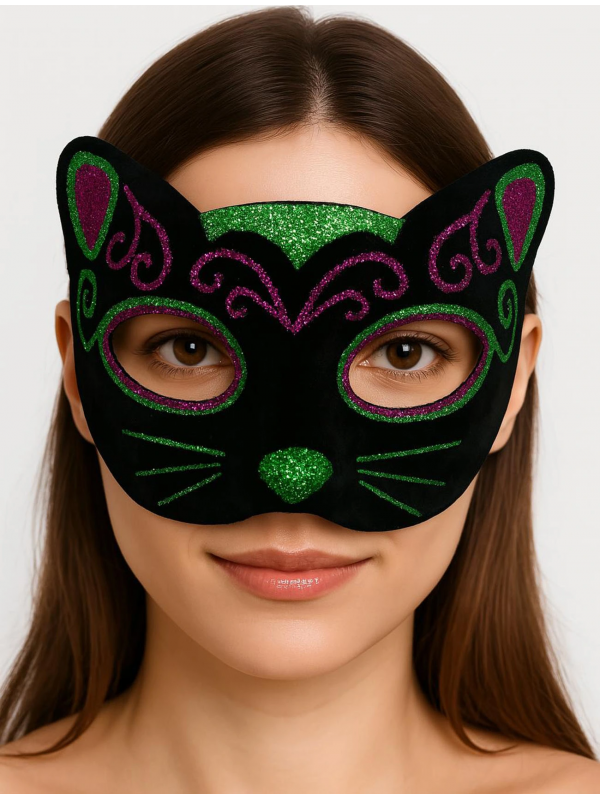 Siyah Kadife Kaplama Üzeri Pembe Yeşil Sim İşlemeli Kedi Maskesi 20x13&hellip;