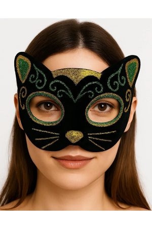 Siyah Kadife Kaplama Üzeri Sarı Yeşil Sim İşlemeli Kedi Maskesi 20x13&hellip;