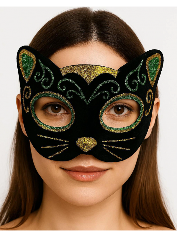 Siyah Kadife Kaplama Üzeri Sarı Yeşil Sim İşlemeli Kedi Maskesi 20x13&hellip;