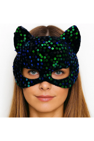 Siyah Kadife Kumaş Üzerine Mavi Yeşil Payetli Pullu Parti Maskesi 16x14&hellip;