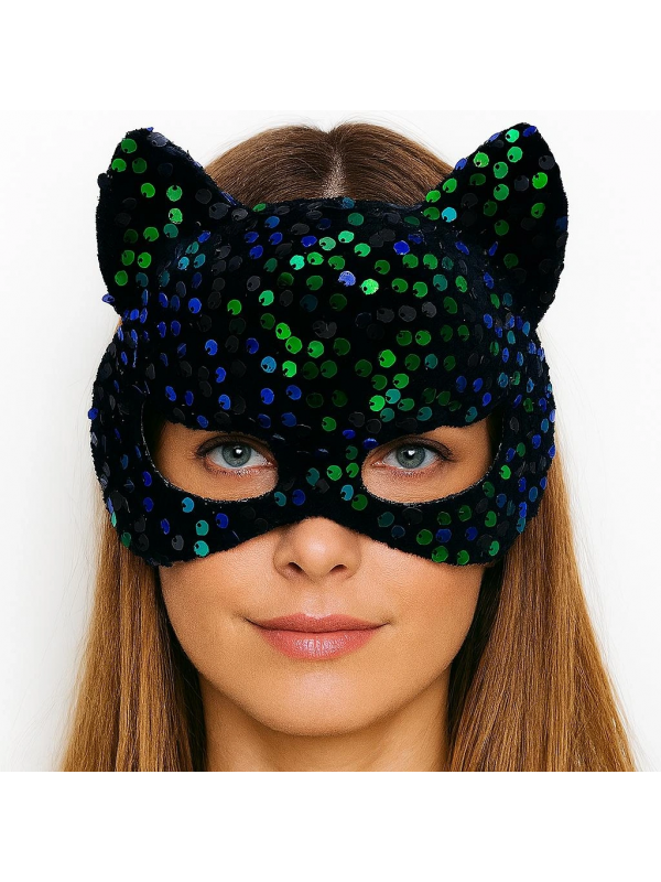 Siyah Kadife Kumaş Üzerine Mavi Yeşil Payetli Pullu Parti Maskesi 16x14&hellip;