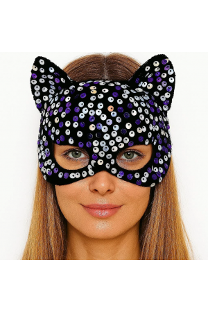 Siyah Kadife Kumaş Üzerine Mor Beyaz Payetli Pullu Parti Maskesi 16x14 C&hellip;