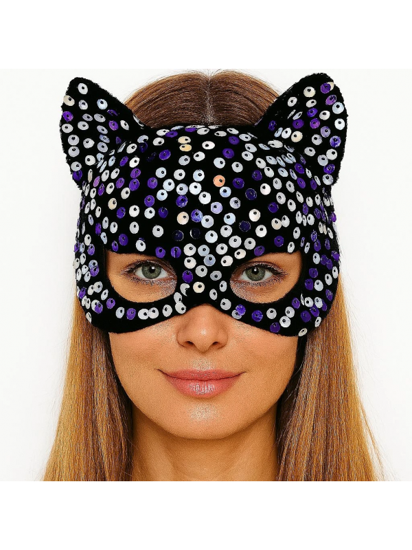 Siyah Kadife Kumaş Üzerine Mor Beyaz Payetli Pullu Parti Maskesi 16x14 C&hellip;