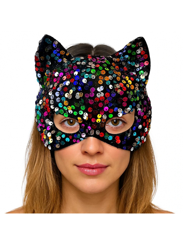 Siyah Kadife Kumaş Üzerine Rengarenk Payetli Pullu Parti Maskesi 16x14 C&hellip;