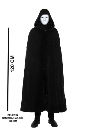 Siyah Kapüşonlu 120 Cm Pelerin Ve Beyaz Boyanabilir Tam Yüz Maske&hellip;