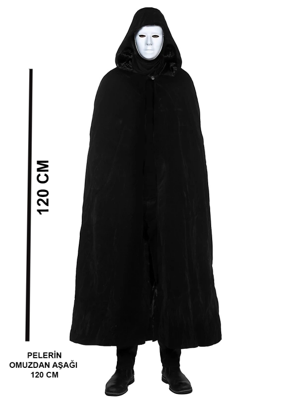 Siyah Kapüşonlu 120 Cm Pelerin Ve Beyaz Boyanabilir Tam Yüz Maske&hellip;