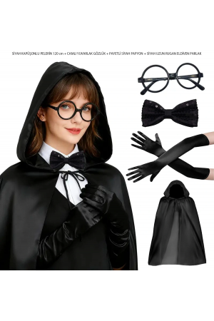 Siyah Kapüşonlu Büyücü Ve Cadı Pelerin Kostüm Seti (4 Parça)&hellip;