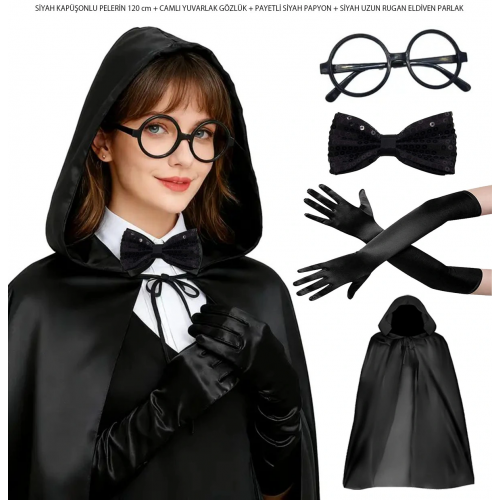 Siyah Kapüşonlu Büyücü Ve Cadı Pelerin Kostüm Seti (4 Parça)