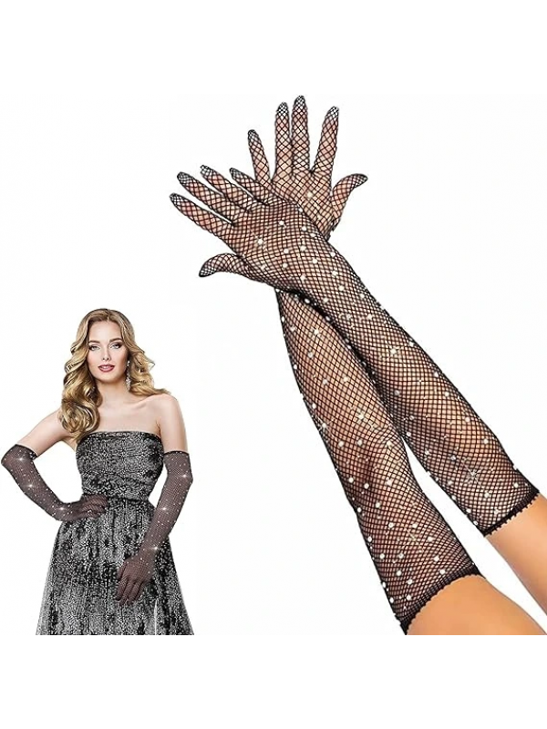 Siyah Renk İncili Elmas İşlemeli File Örgü Uzun Eldiven 45 Cm&hellip;