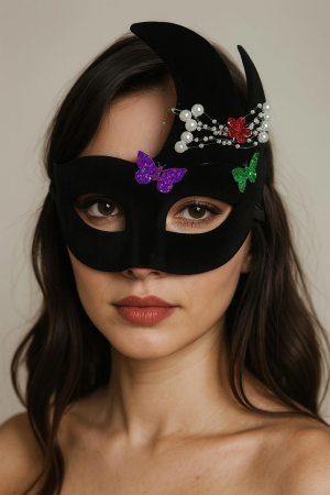 Siyah Renk İncili Taşlı Süet Kaplama Venedik Parti Maskesi 20x22 Cm&hellip;