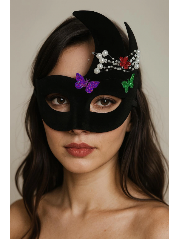 Siyah Renk İncili Taşlı Süet Kaplama Venedik Parti Maskesi 20x22 Cm&hellip;