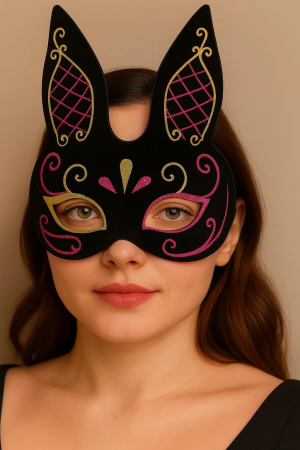 Siyah Renk Kırmızı Gold Simli Siyah Süet Kaplama Tavşan Maskesi 18x16&hellip;