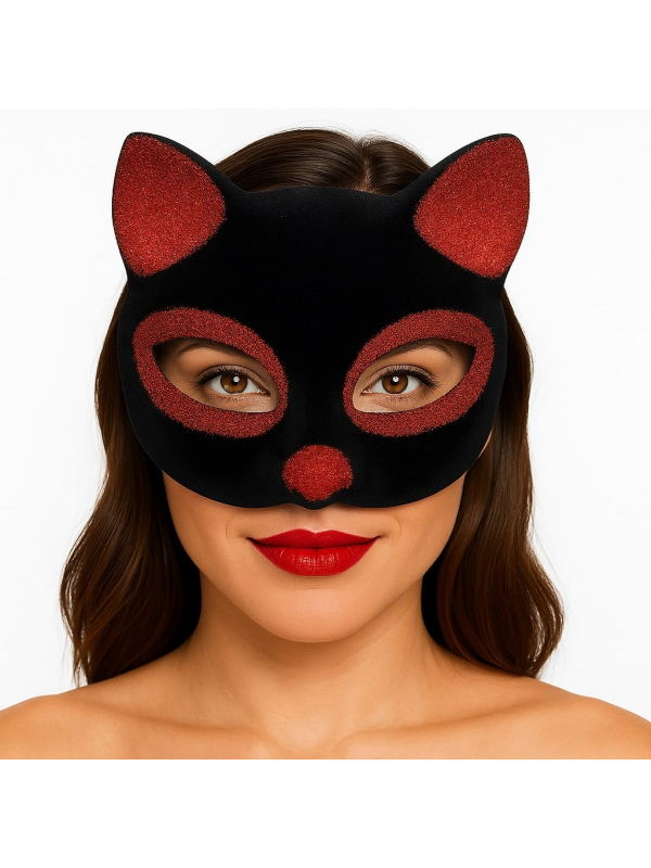 Siyah Renk Kırmızı Simli Süet Kaplama Kedi Maskesi 18x14 Cm&hellip;