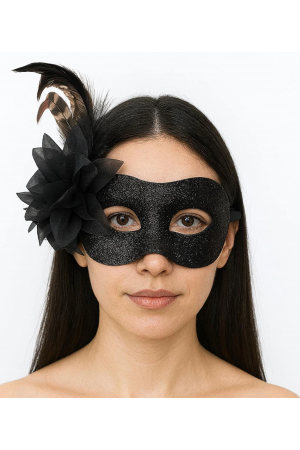 Siyah Renk Metalize Sim Görünümlü Parlak Tüylü Parti Maskesi 22x19 C&hellip;