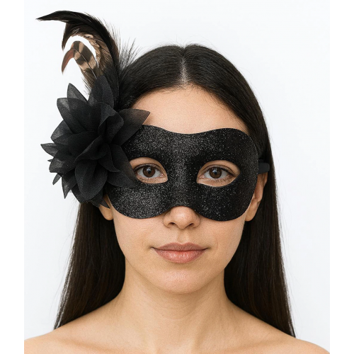 Siyah Renk Metalize Sim Görünümlü Parlak Tüylü Parti Maskesi 22x19 Cm