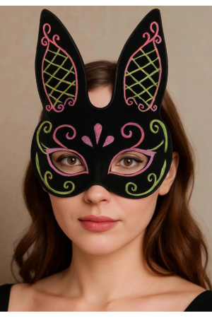 Siyah Renk Pembe Gold Simli Siyah Süet Kaplama Tavşan Maskesi 18x16 Cm&hellip;