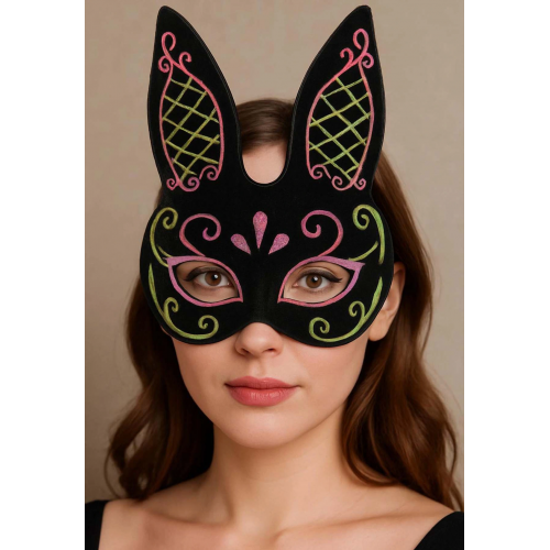 Siyah Renk Pembe Gold Simli Siyah Süet Kaplama Tavşan Maskesi 18x16 Cm