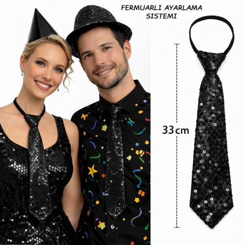 Siyah Renk Pul Payetli Işıltılı Parti Kravatı 33 Cm Siyah Renk Pul Payetli Işıltılı Parti Kravatı 33 Cm