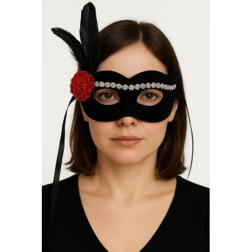 Siyah Renk Süet Kaplama Gümüş Dantelli Kırmızı Gül Tasarımlı Parti Maskesi 18x20 Cm