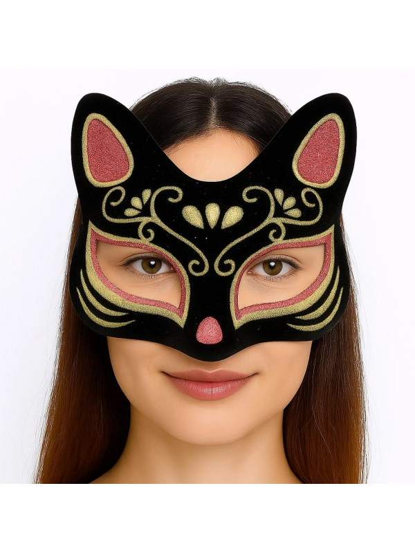 Siyah Renk Süet Kaplama Üzeri Kırmızı Sarı Simli Kedi Maskesi 17x14 … Siyah Renk Süet Kaplama Üzeri Kırmızı Sarı Simli Kedi Maskesi 17x14 …