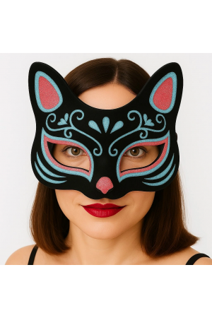 Siyah Renk Süet Kaplama Üzeri Mavi Kırmızı Simli Kedi Maskesi 17x14 C&hellip;