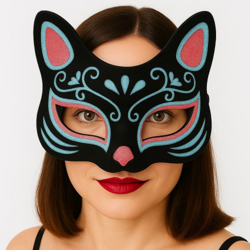 Siyah Renk Süet Kaplama Üzeri Mavi Kırmızı Simli Kedi Maskesi 17x14 Cm