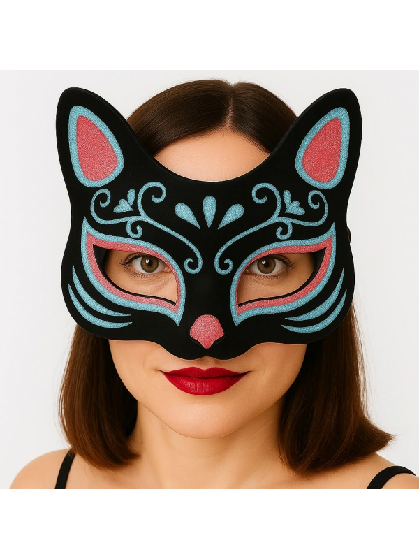 Siyah Renk Süet Kaplama Üzeri Mavi Kırmızı Simli Kedi Maskesi 17x14 C&hellip;