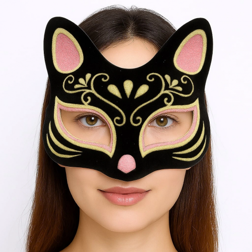 Siyah Renk Süet Kaplama Üzeri Pembe Sarı Simli Kedi Maskesi 17x14 Cm Siyah Renk Süet Kaplama Üzeri Pembe Sarı Simli Kedi Maskesi 17x14 Cm