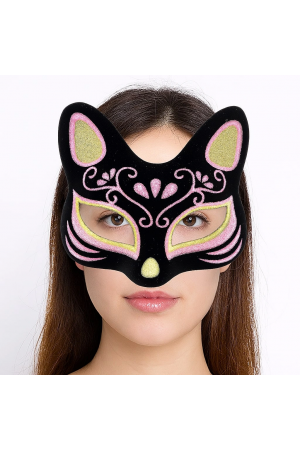 Siyah Renk Süet Kaplama Üzeri Sarı Pembe Simli Kedi Maskesi 17x14 Cm&hellip;