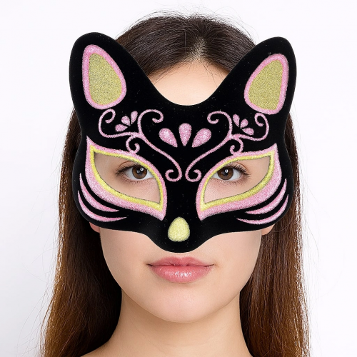 Siyah Renk Süet Kaplama Üzeri Sarı Pembe Simli Kedi Maskesi 17x14 Cm Siyah Renk Süet Kaplama Üzeri Sarı Pembe Simli Kedi Maskesi 17x14 Cm
