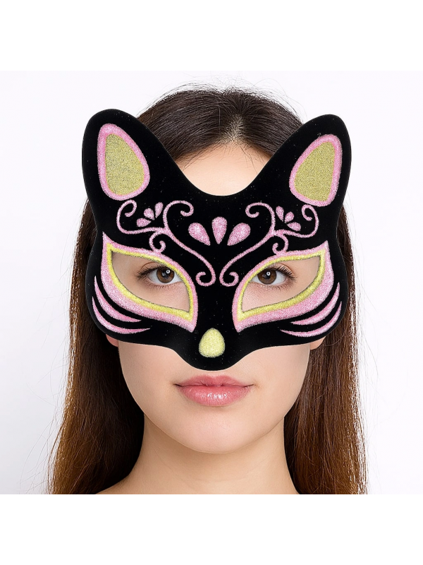 Siyah Renk Süet Kaplama Üzeri Sarı Pembe Simli Kedi Maskesi 17x14 Cm&hellip;