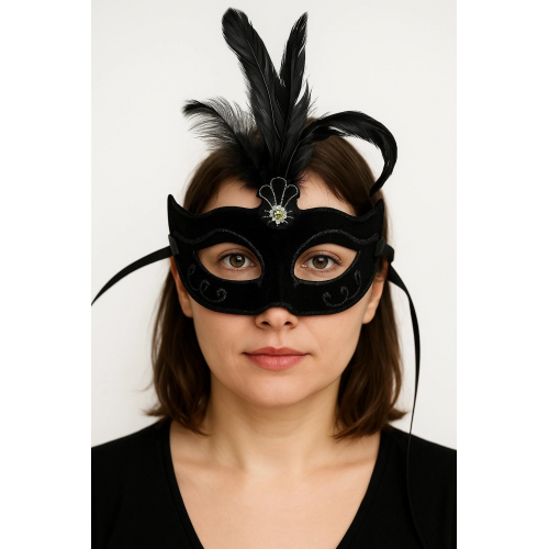 Siyah Renk Tüylü Siyah Süet Kaplama Parti Balo Maskesi 20x16 Cm