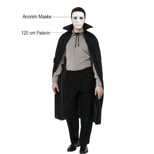 Siyah Renk Yakalı 120 Cm Pelerin Ve Beyaz Anonim Maske Siyah Renk Yakalı 120 Cm Pelerin Ve Beyaz Anonim Maske